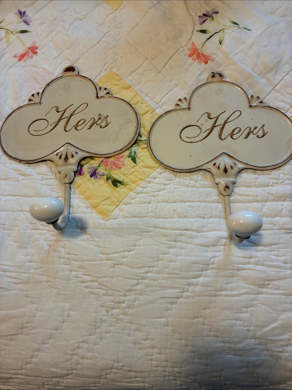 Vintage "Hers" Wall Hooks-Set of 2 w/porcelain Nobs - Cream
